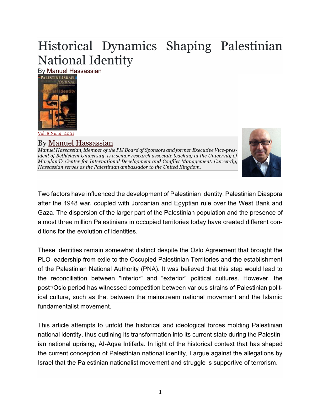 Historical Dynamics Shaping Palestinian National Identity by Manuel Hassassian