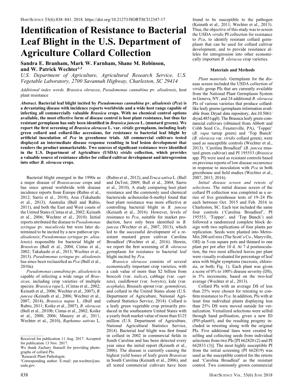 Identification of Resistance to Bacterial Leaf Blight in the U.S