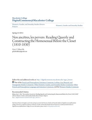 Reading Queerly and Constructing the Homosexual Before the Closet (1810-1830) Gary C