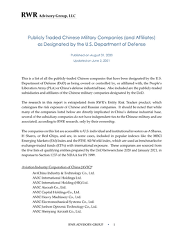 Publicly Traded Chinese Military Companies (And Affiliates) As Designated by the U.S