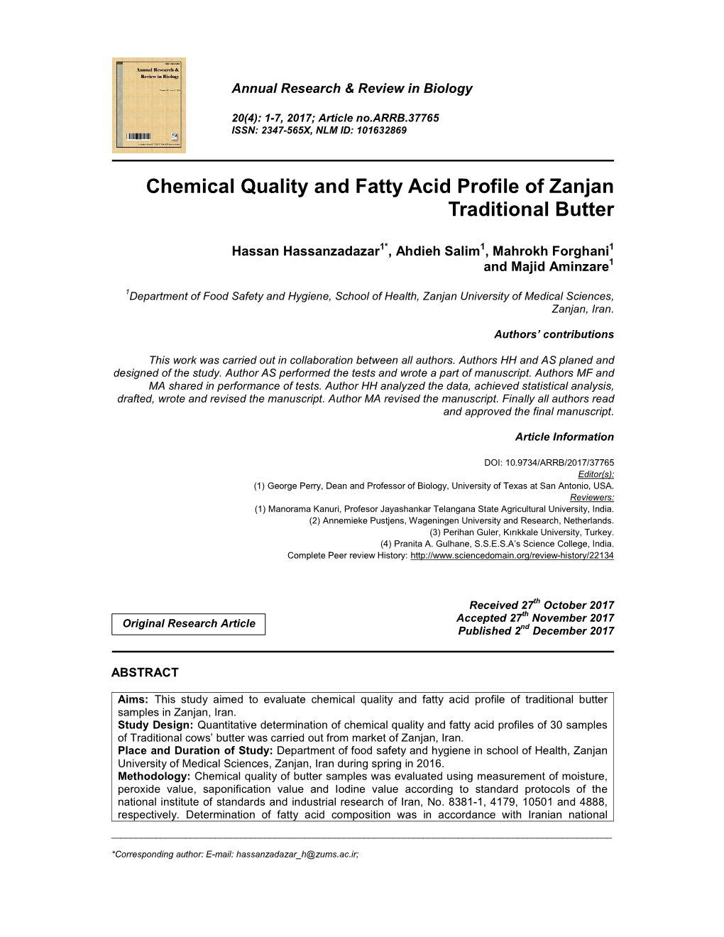 Chemical Quality and Fatty Acid Profile of Zanjan Traditional Butter