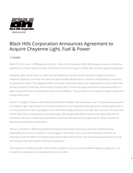 Black Hills Corporation Announces Agreement to Acquire Cheyenne Light, Fuel & Power