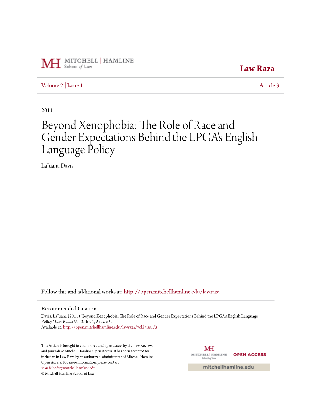 The Role of Race and Gender Expectations Behind the LPGA's English Language Policy Lajuana Davis