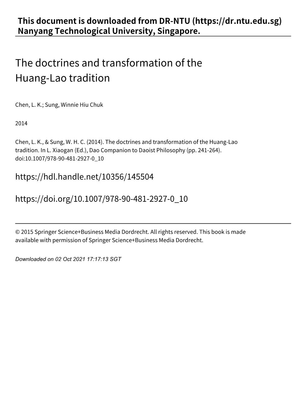 The Doctrines and Transformation of the Huang‑Lao Tradition