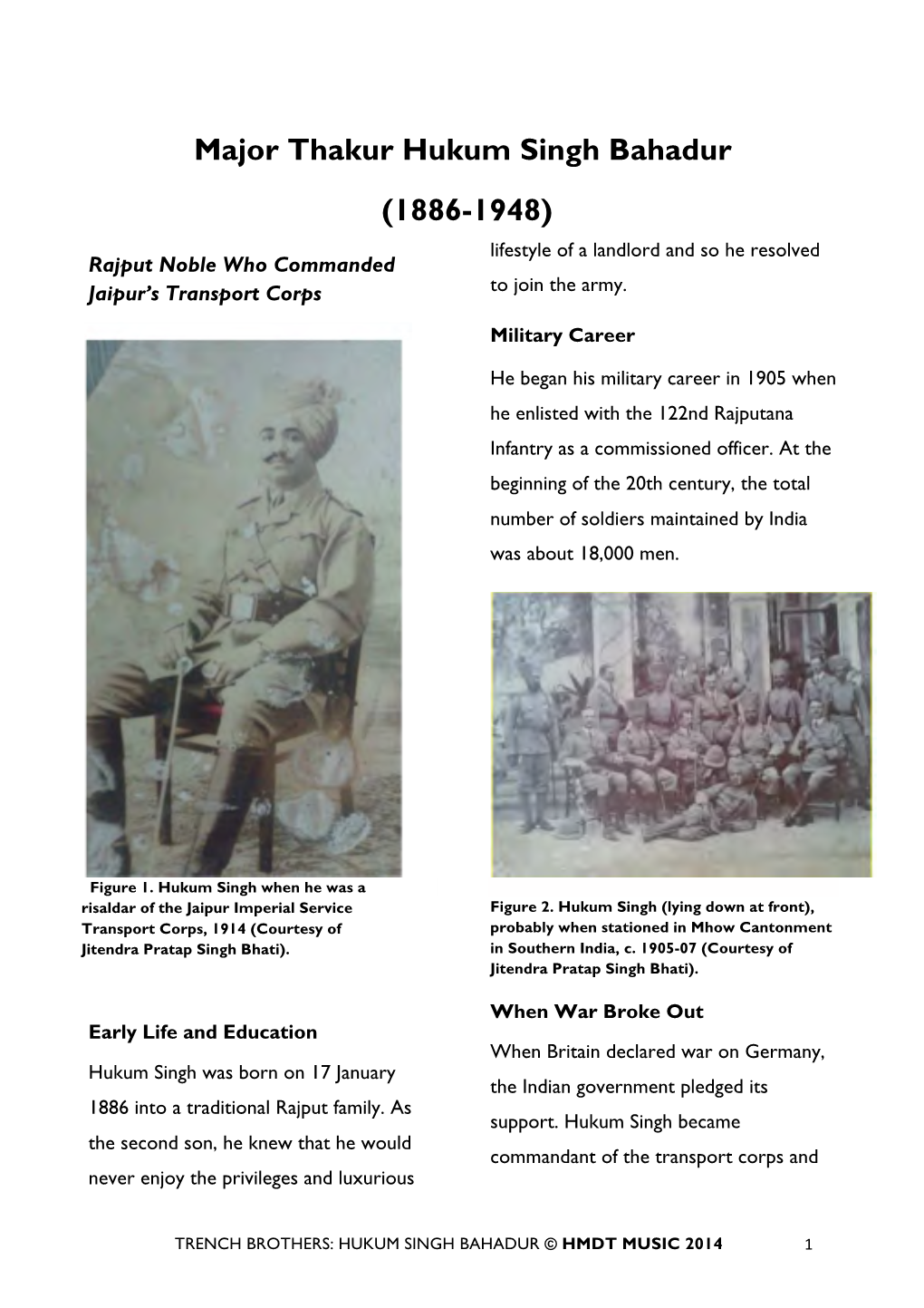 Major Thakur Hukum Singh Bahadur (1886-1948) Lifestyle of a Landlord and So He Resolved Rajput Noble Who Commanded Jaipur’S Transport Corps to Join the Army