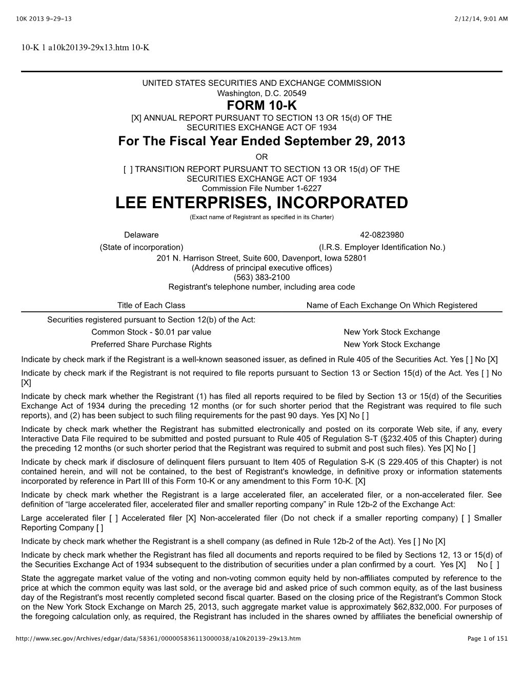 LEE ENTERPRISES, INCORPORATED (Exact Name of Registrant As Specified in Its Charter)