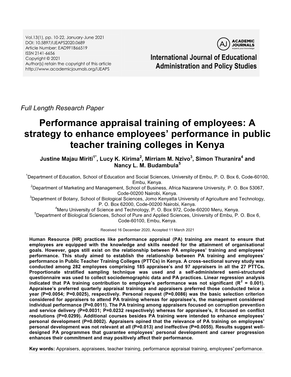 Performance Appraisal Training of Employees: a Strategy to Enhance Employees’ Performance in Public Teacher Training Colleges in Kenya