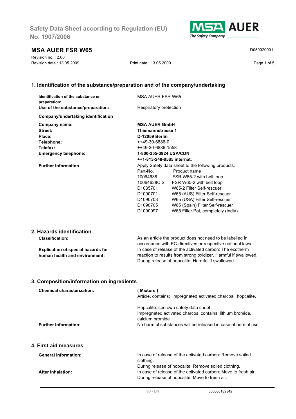 Safety Data Sheet According to Regulation (EU) No. 1907/2006 MSA AUER FSR