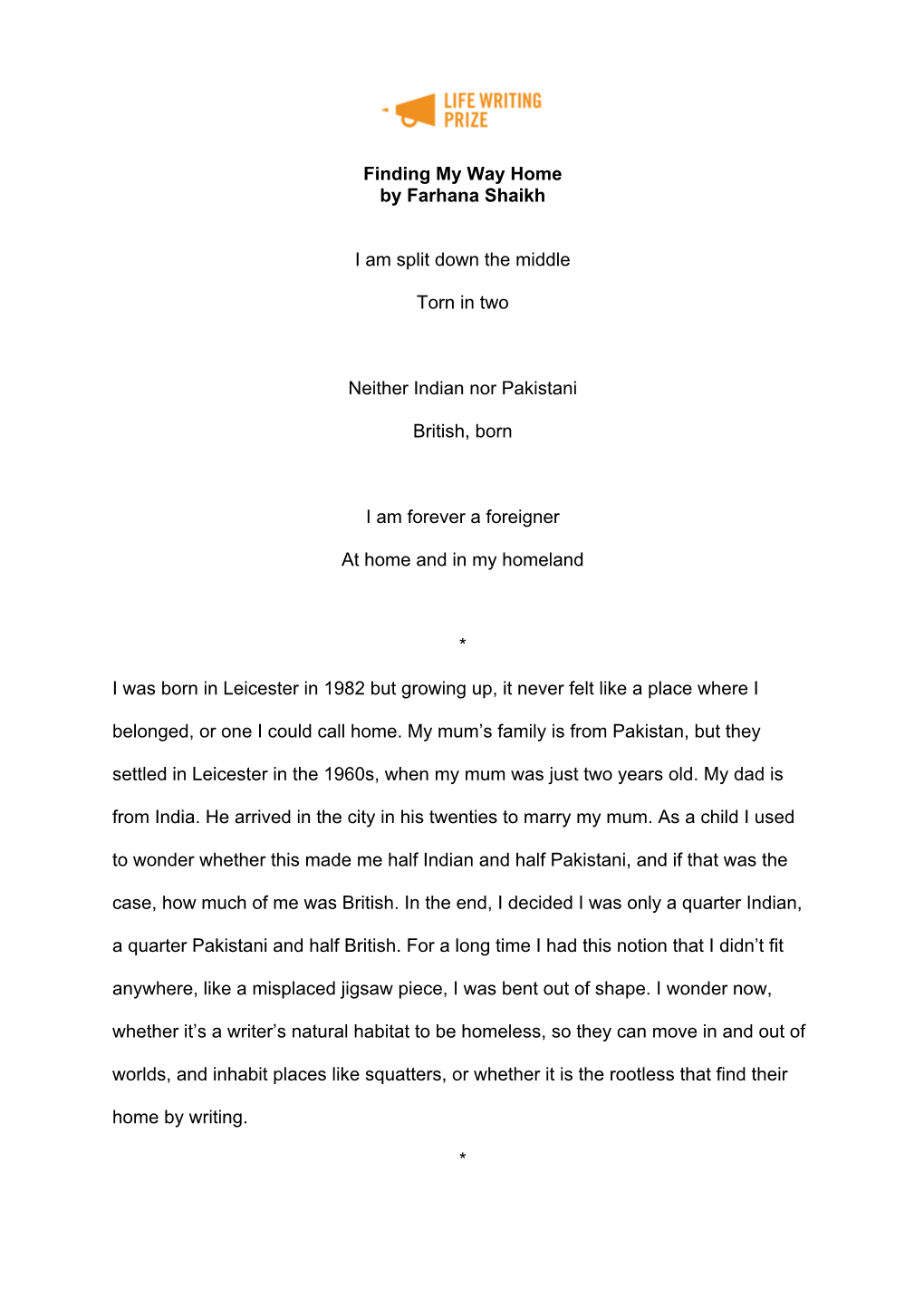 Finding My Way Home by Farhana Shaikh I Am Split Down the Middle Torn in Two Neither Indian Nor Pakistani British, Born I Am