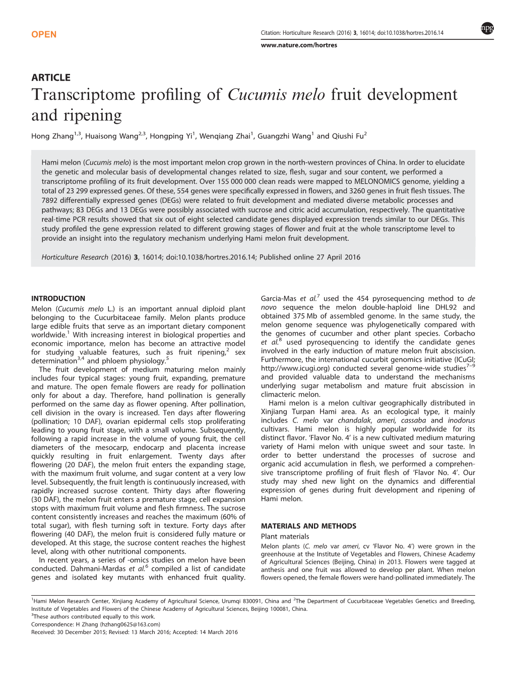 Transcriptome Profiling of Cucumis Melo Fruit Development and Ripening