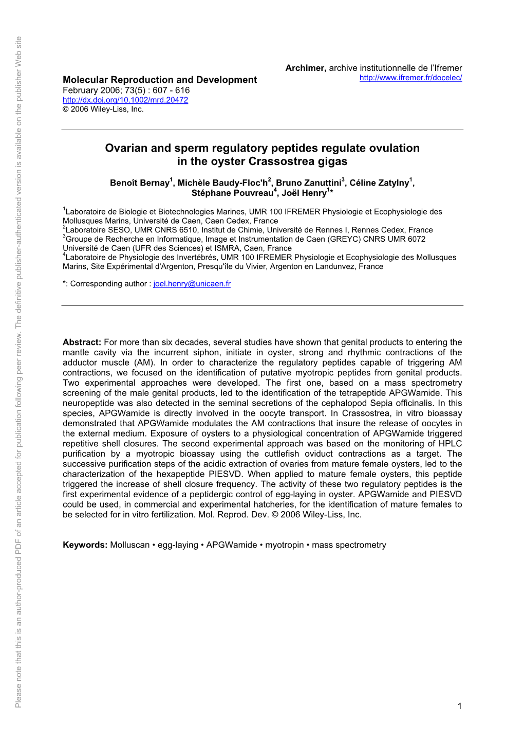 Ovarian and Sperm Regulatory Peptides Regulate