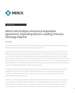 Merck and Viralytics Announce Acquisition Agreement, Expanding Merck’S Leading Immuno- Oncology Pipeline