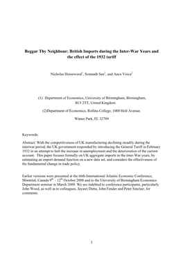 Beggar Thy Neighbour: British Imports During the Inter-War Years and the Effect of the 1932 Tariff