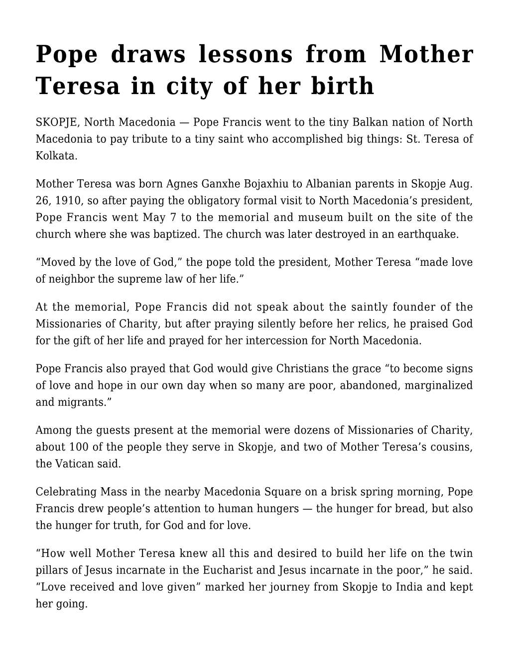 Pope Draws Lessons from Mother Teresa in City of Her Birth