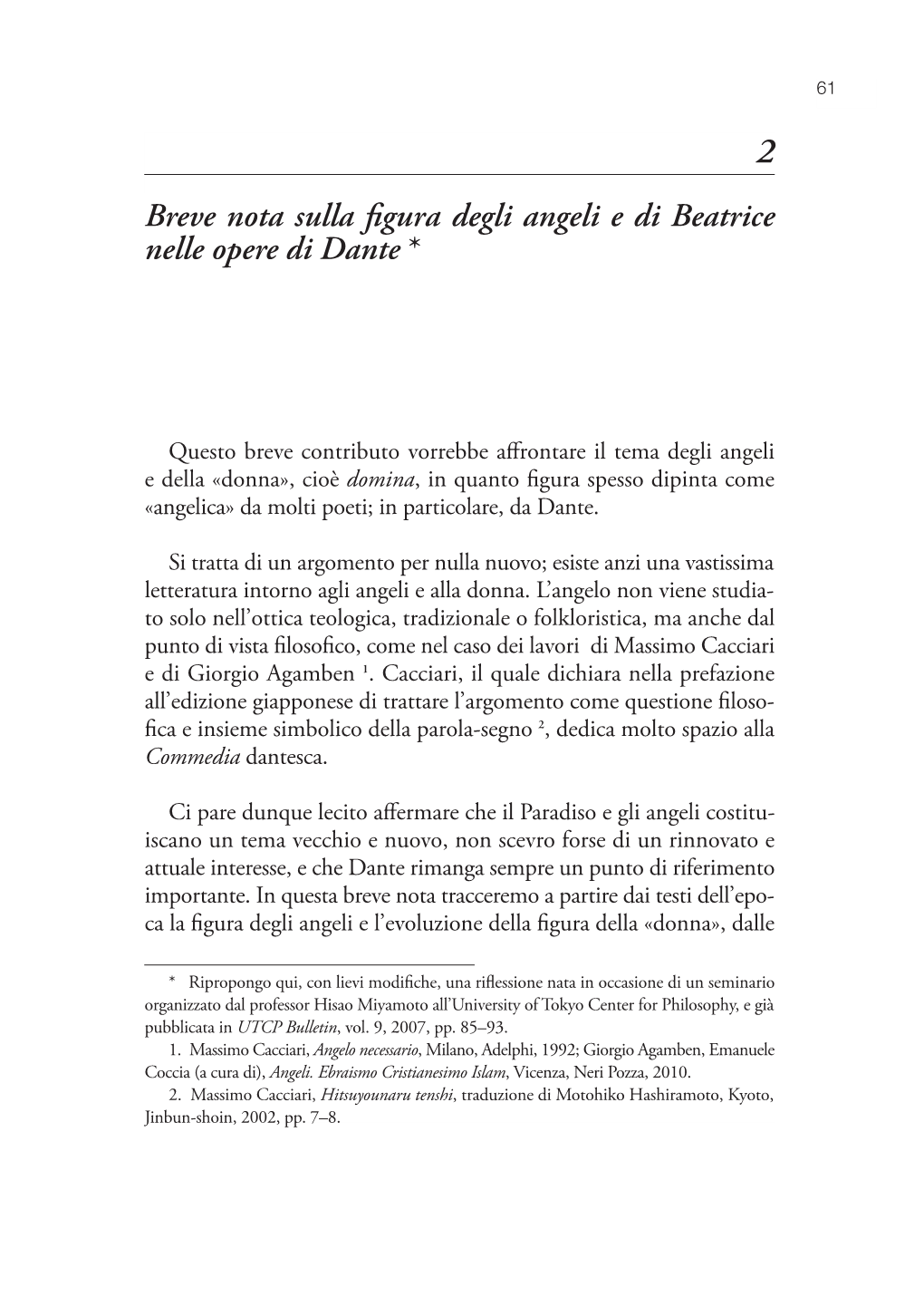Breve Nota Sulla Figura Degli Angeli E Di Beatrice Nelle Opere Di Dante *