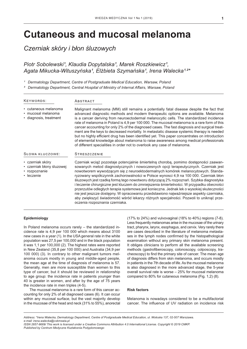 Cutaneous and Mucosal Melanoma Czerniak Skóry I Błon Śluzowych