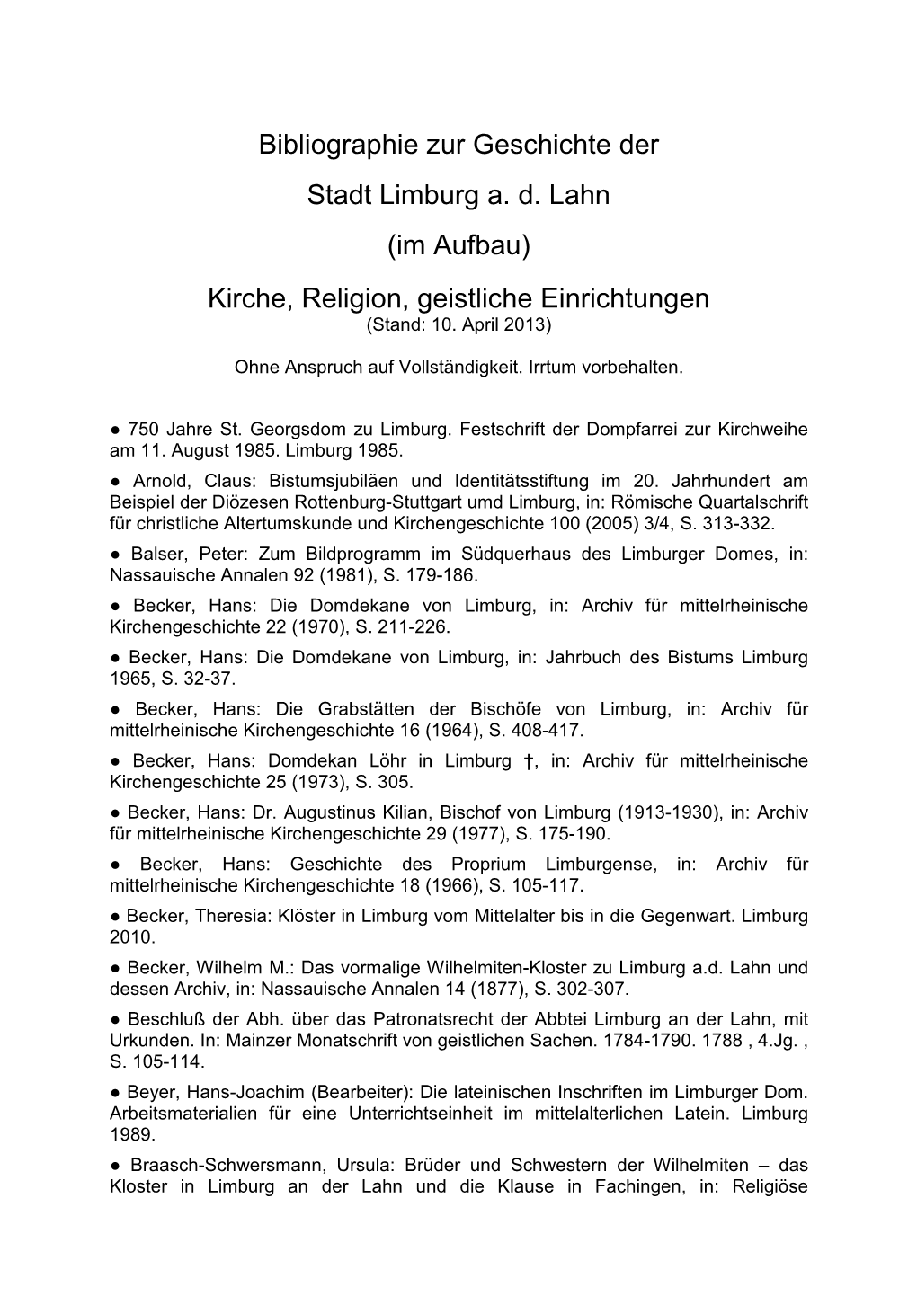 Bibliographie Zur Geschichte Der Stadt Limburg A. D. Lahn (Im Aufbau) Kirche, Religion, Geistliche Einrichtungen