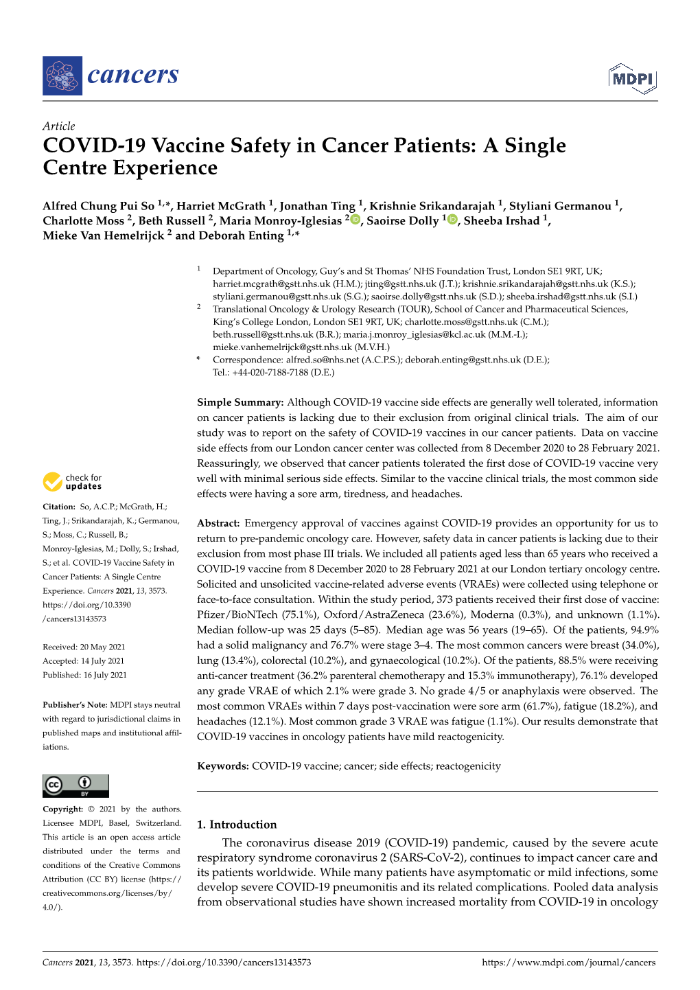 COVID-19 Vaccine Safety in Cancer Patients: a Single Centre Experience