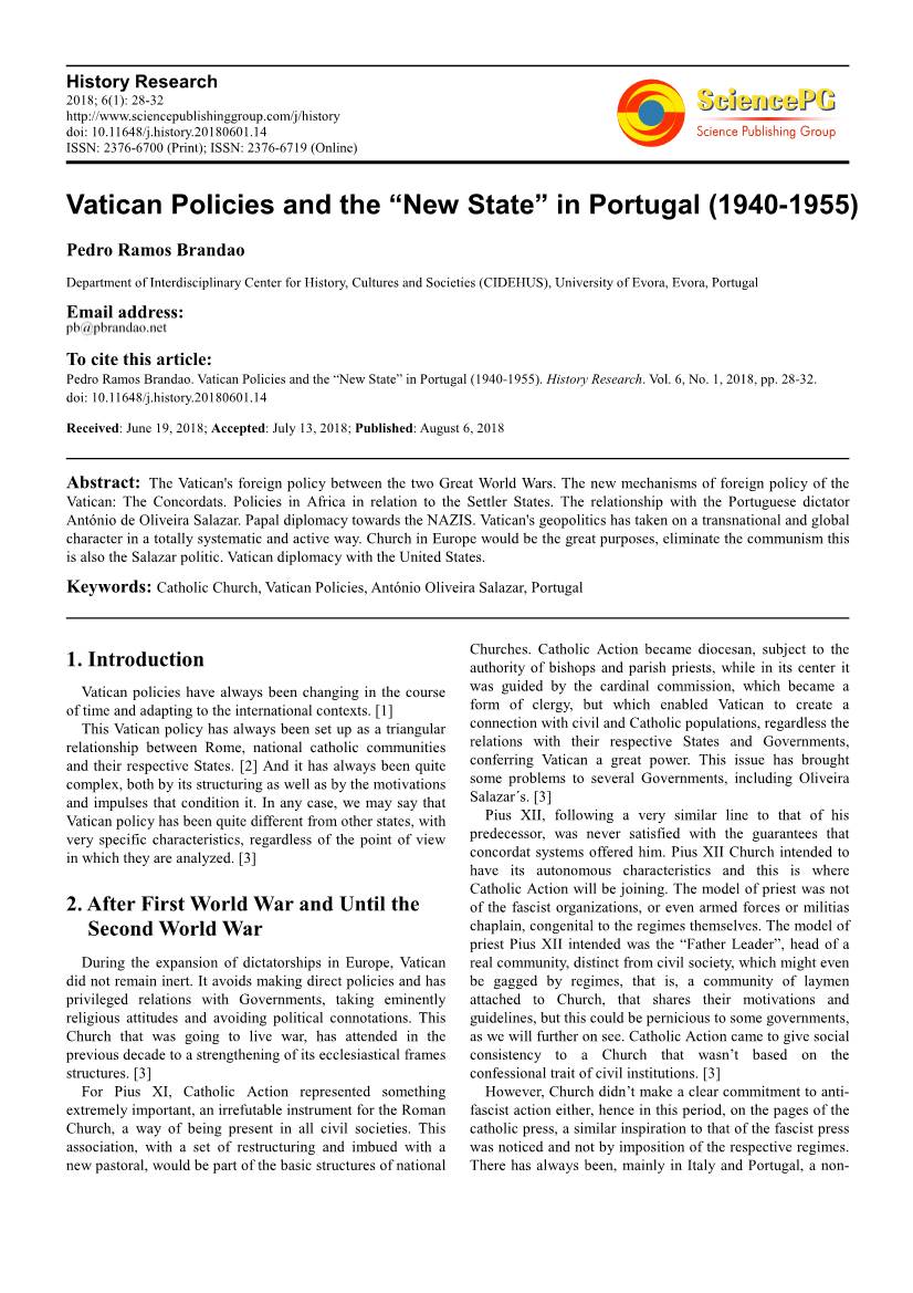 Vatican Policies and the “New State” in Portugal (1940-1955)