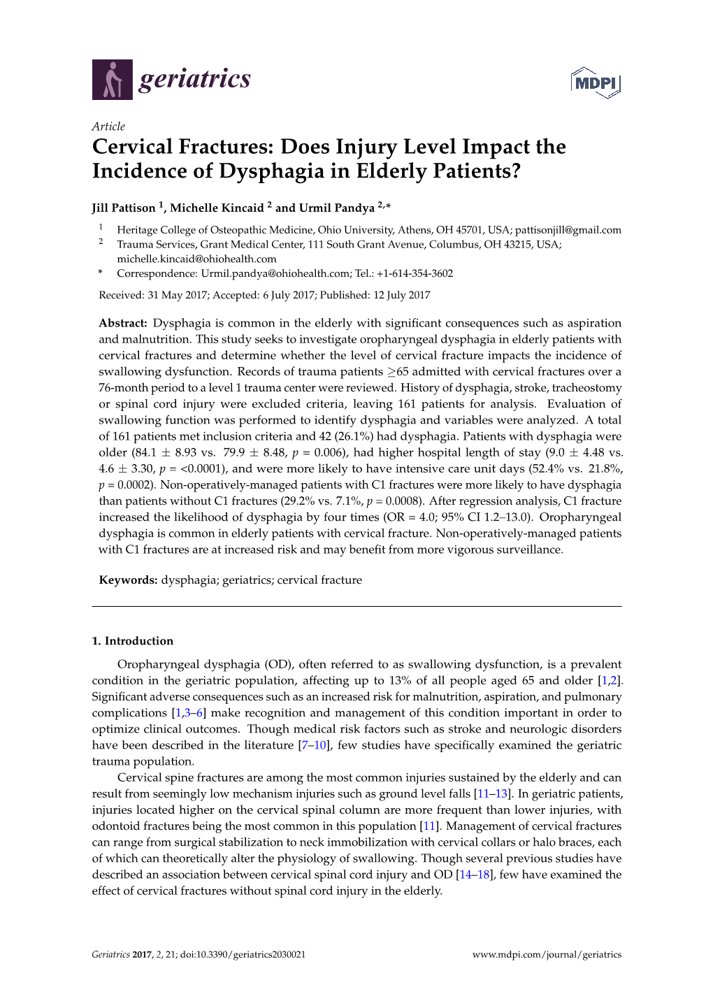 Cervical Fractures: Does Injury Level Impact the Incidence of Dysphagia in Elderly Patients?