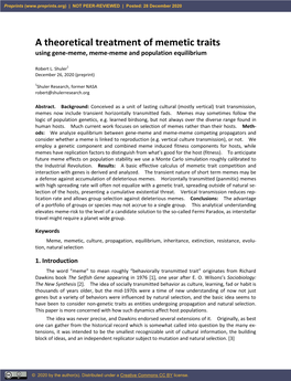 A Theoretical Treatment of Memetic Traits Using Gene-Meme, Meme-Meme and Population Equilibrium