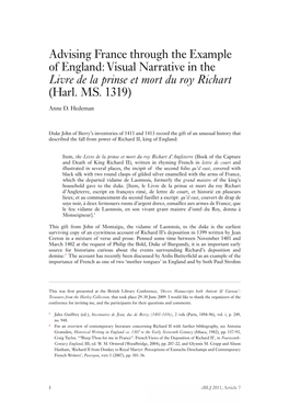 Advising France Through the Example of England: Visual Narrative in the Livre De La Prinse Et Mort Du Roy Richart (Harl