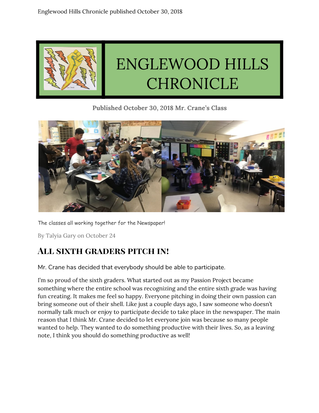 Englewood Hills Chronicle Published October 30, 2018