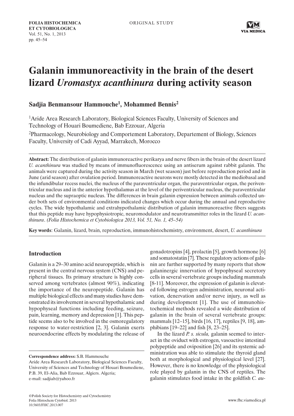 Galanin Immunoreactivity in the Brain of the Desert Lizard Uromastyx Acanthinura During Activity Season