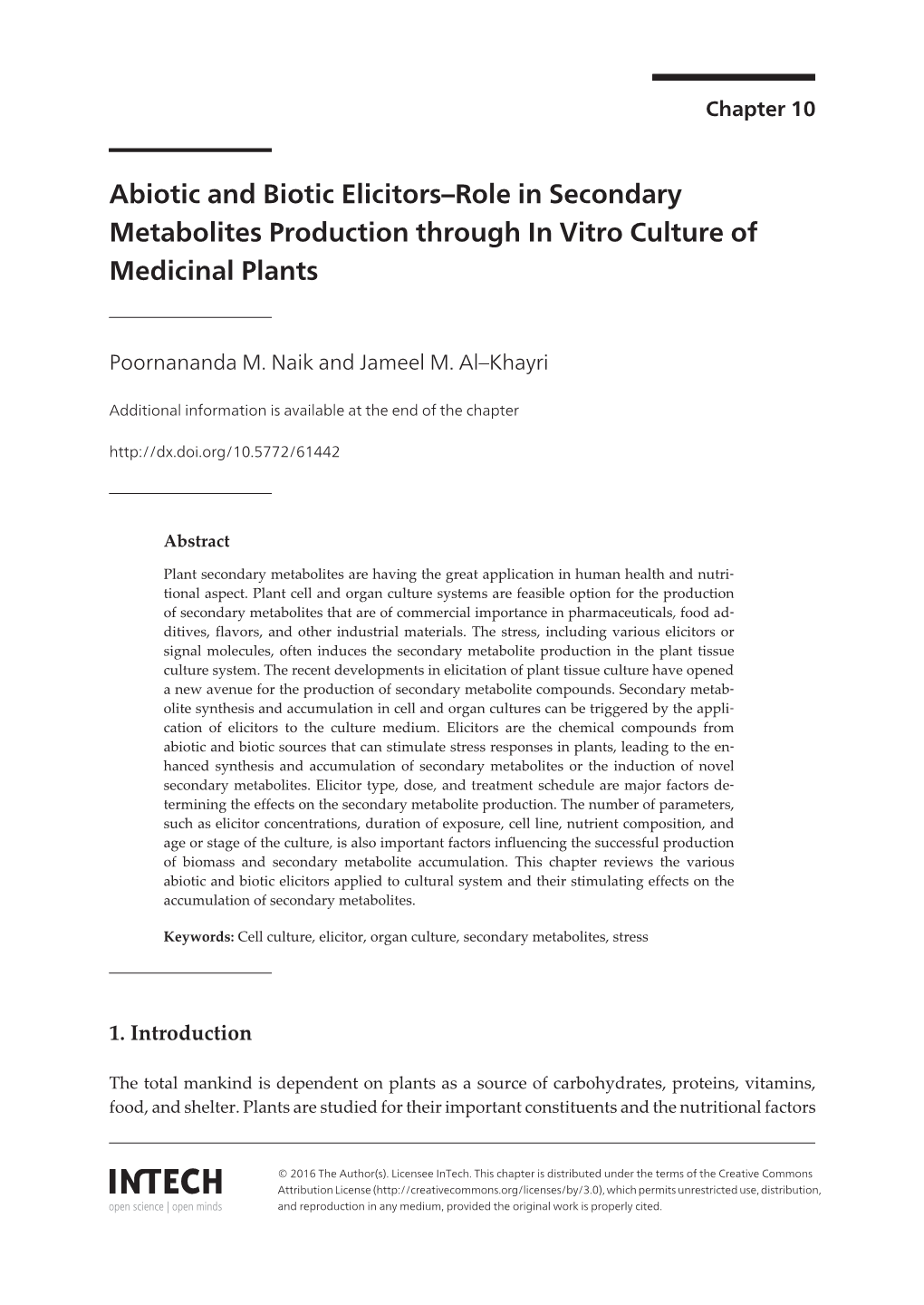 Abiotic and Biotic Elicitors–Role in Secondary Metabolites Production Through in Vitro Culture of Medicinal Plants