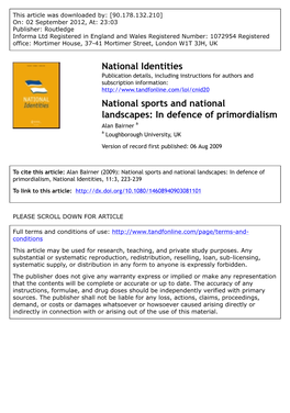 In Defence of Primordialism Alan Bairner a a Loughborough University, UK Version of Record First Published: 06 Aug 2009