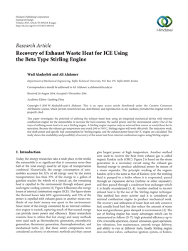 Research Article Recovery of Exhaust Waste Heat for ICE Using the Beta Type Stirling Engine