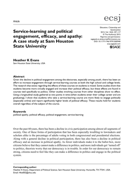 Service-Learning and Political Engagement, Efficacy, and Apathy
