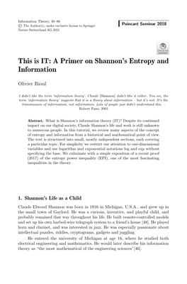 This Is IT: a Primer on Shannon's Entropy and Information