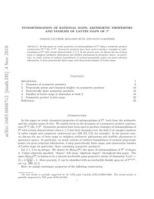 Symmetrization of Rational Maps: Arithmetic Properties and Families of Latt\Es Maps of $\Mathbb P^ K$