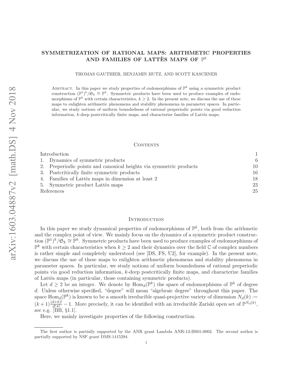 Symmetrization of Rational Maps: Arithmetic Properties and Families of Latt\Es Maps of $\Mathbb P^ K$