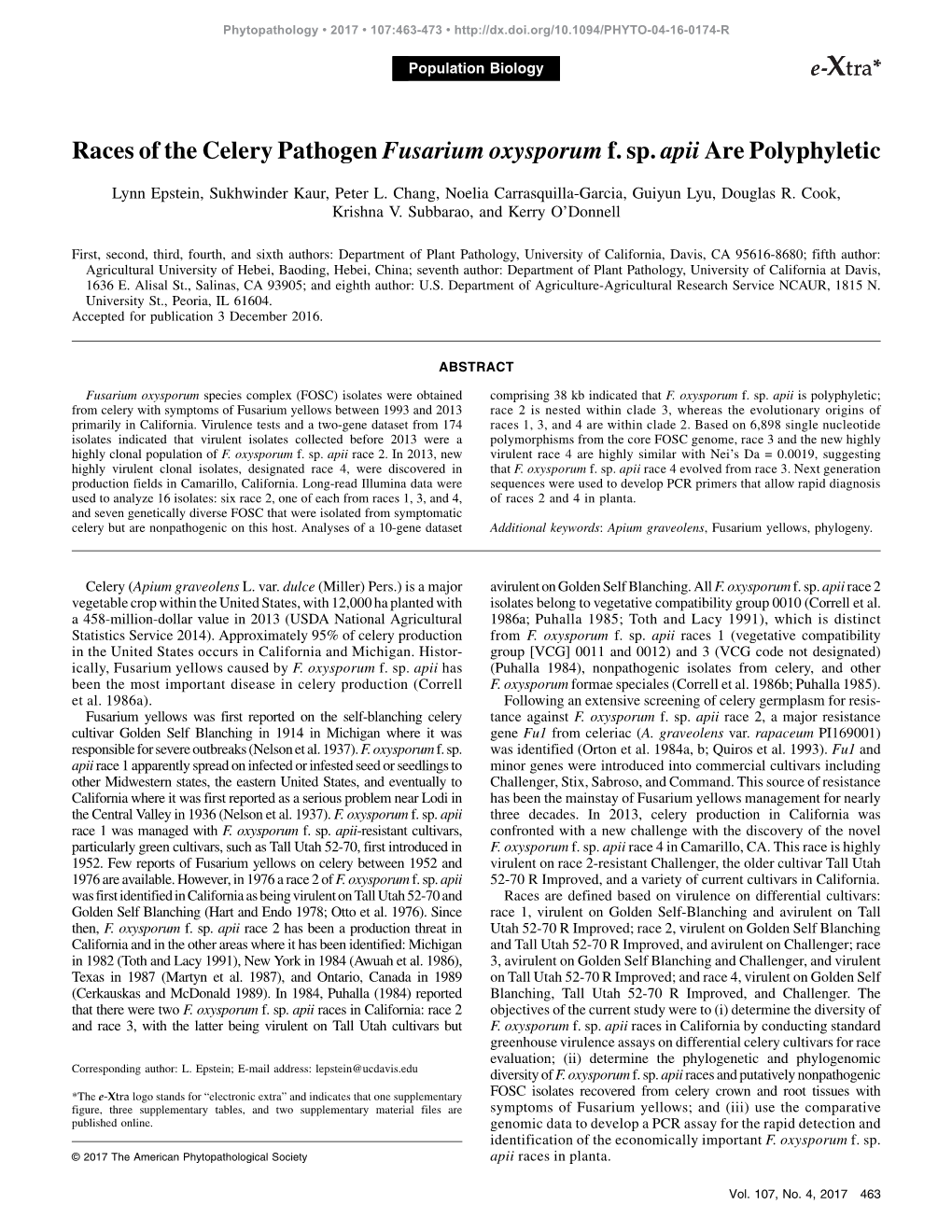 Races of the Celery Pathogen Fusarium Oxysporum F. Sp. Apii Are Polyphyletic