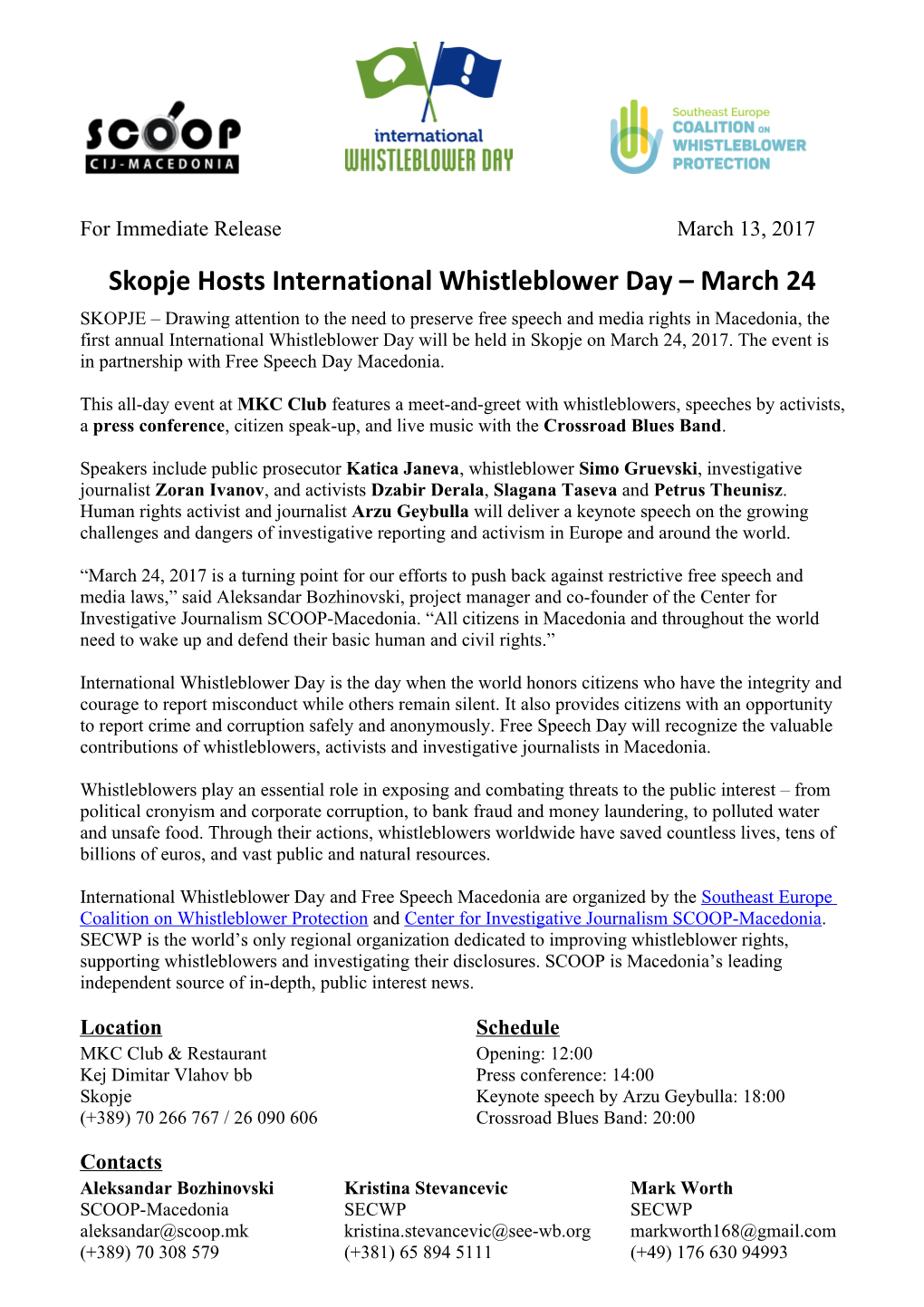 Skopje Hosts International Whistleblower Day March 24