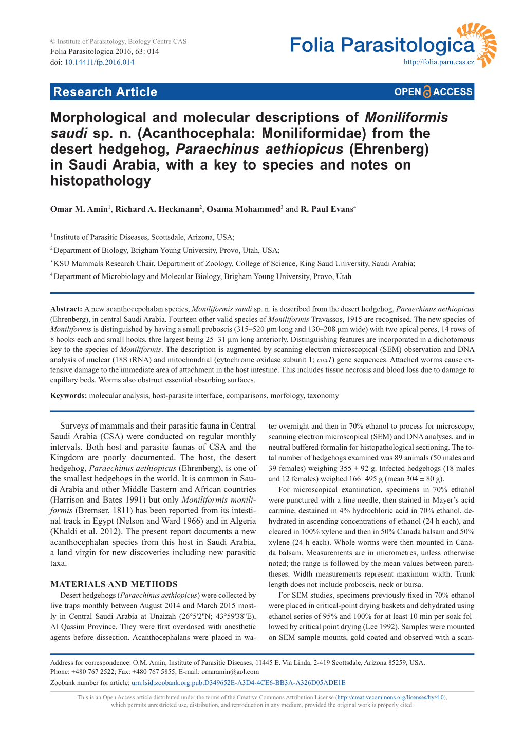 (Acanthocephala: Moniliformidae) from the Desert Hedgehog, Paraechinus Aethiopicus (Ehrenberg) in Saudi Arabia, with a Key to Species and Notes on Histopathology