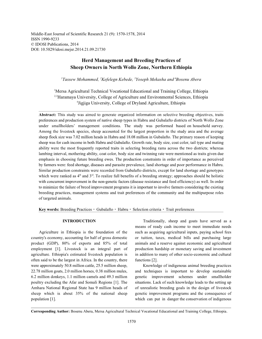 Herd Management and Breeding Practices of Sheep Owners in North Wollo Zone, Northern Ethiopia