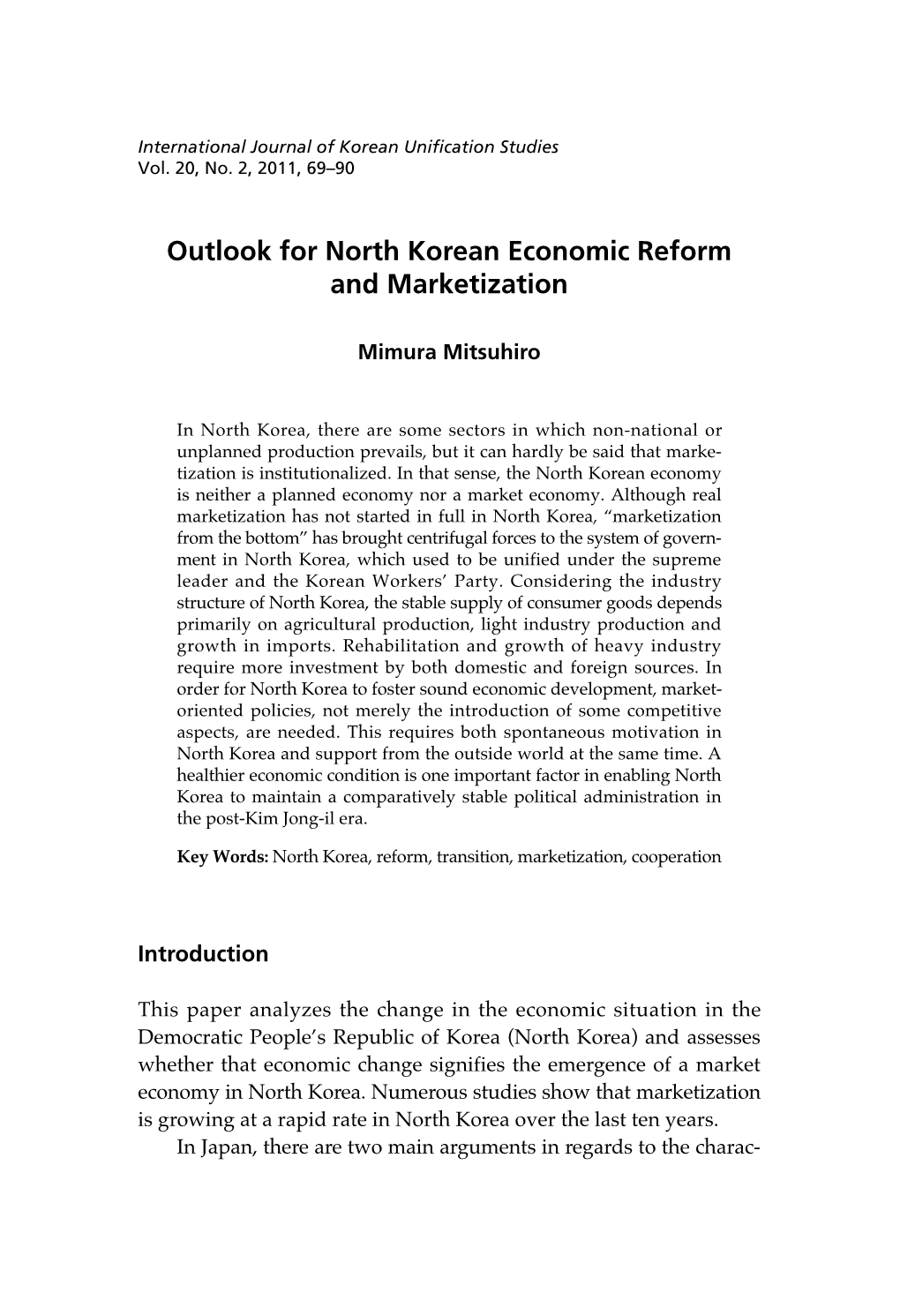 Outlook for North Korean Economic Reform and Marketization