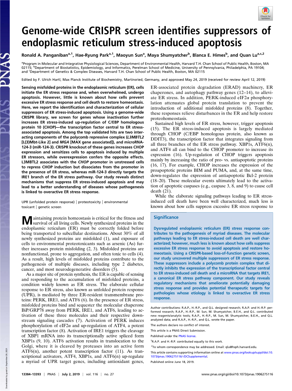 Genome-Wide CRISPR Screen Identifies Suppressors of Endoplasmic Reticulum Stress-Induced Apoptosis