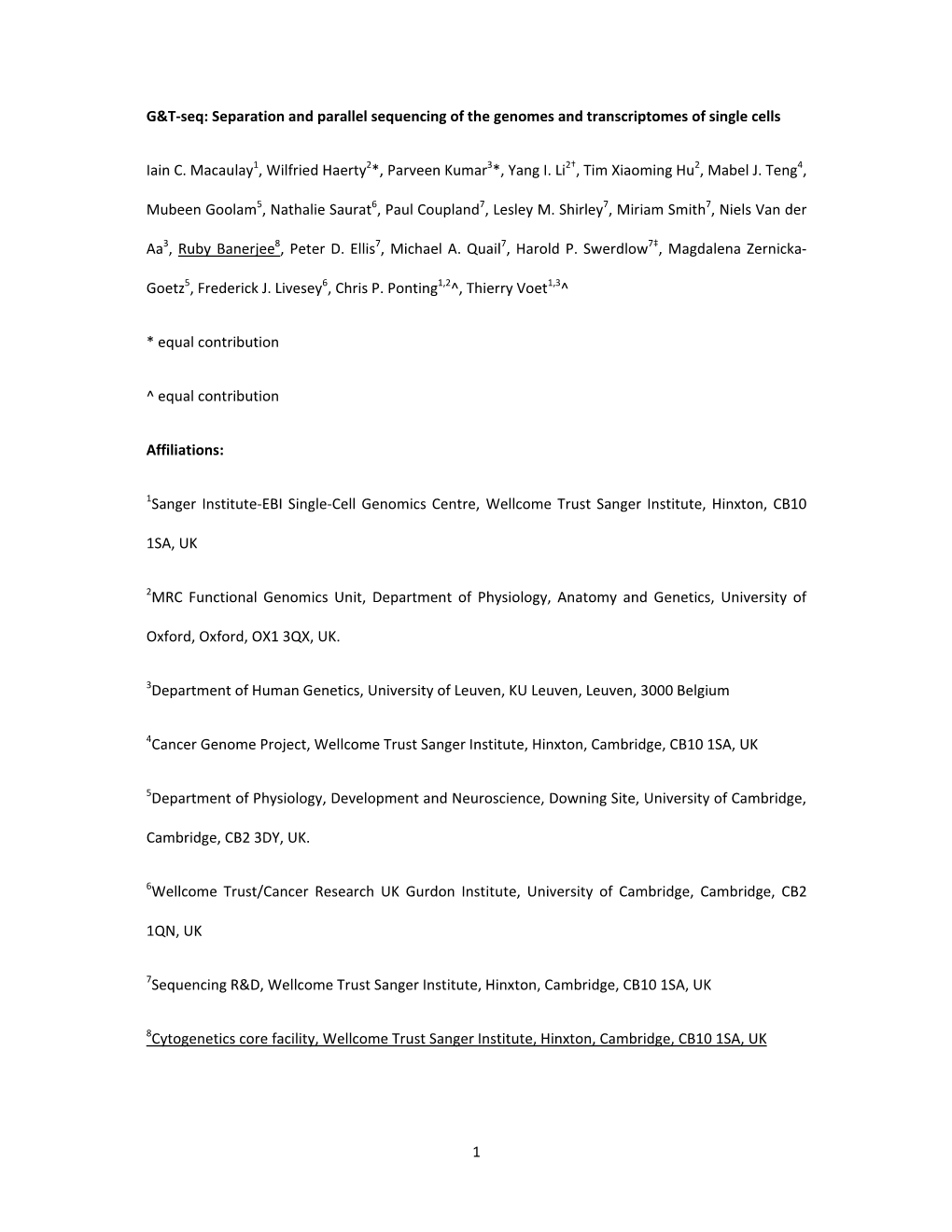 1 G&T-Seq: Separation and Parallel Sequencing of the Genomes And