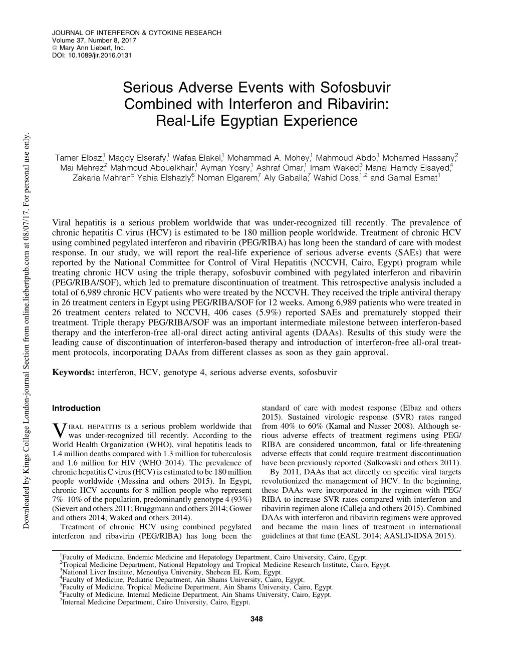 Serious Adverse Events with Sofosbuvir Combined with Interferon and Ribavirin: Real-Life Egyptian Experience