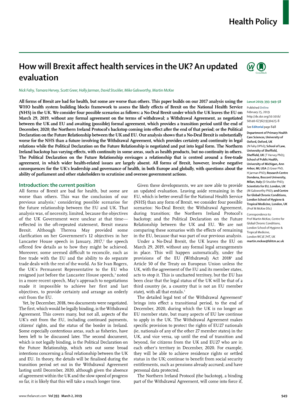 How Will Brexit Affect Health Services in the UK? an Updated Evaluation