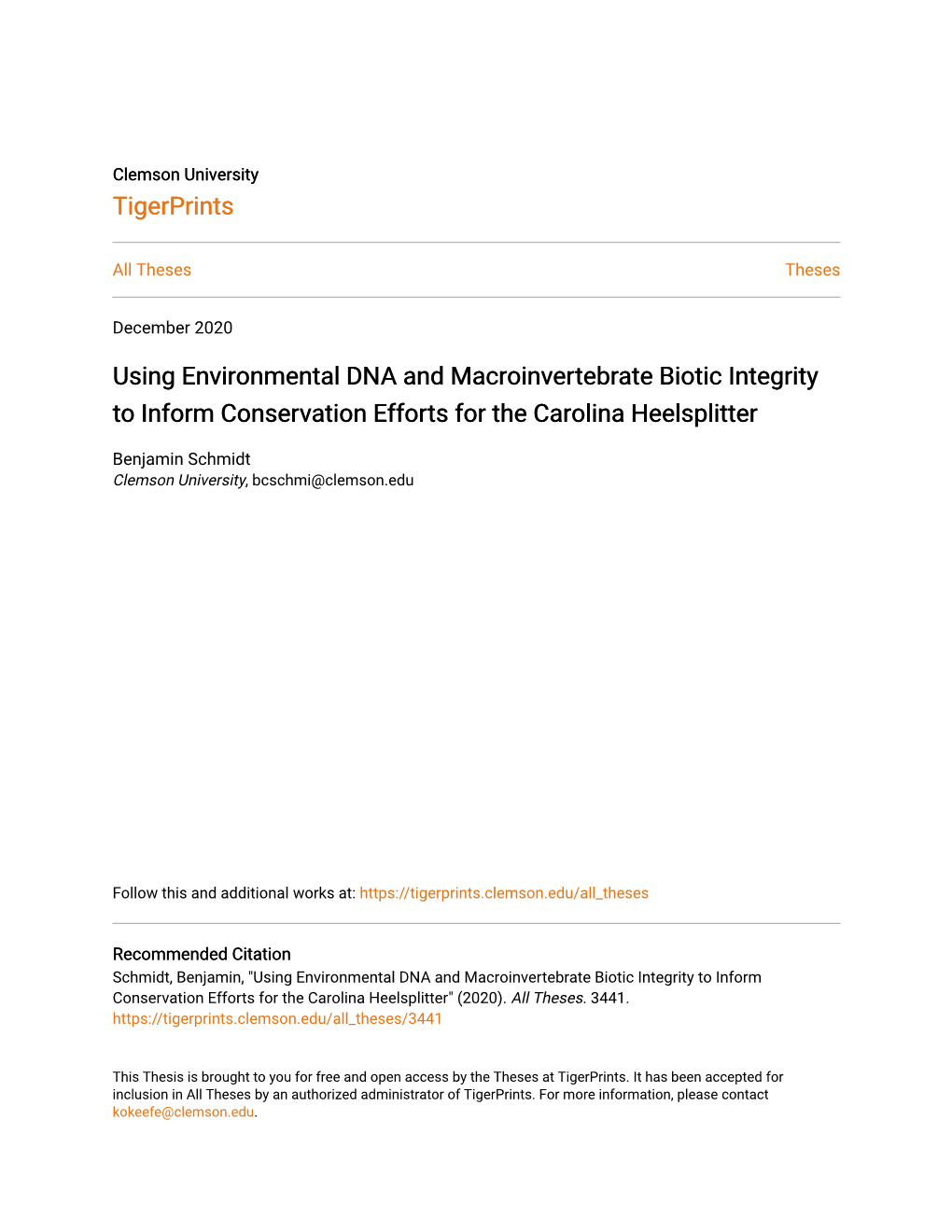 Using Environmental DNA and Macroinvertebrate Biotic Integrity to Inform Conservation Efforts for the Carolina Heelsplitter