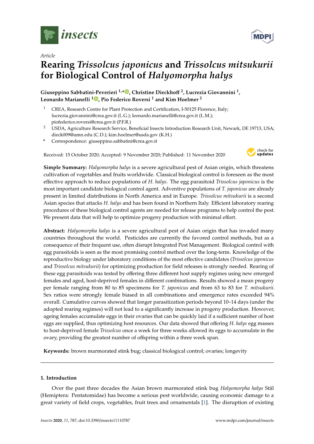 Rearing Trissolcus Japonicus and Trissolcus Mitsukurii for Biological Control of Halyomorpha Halys