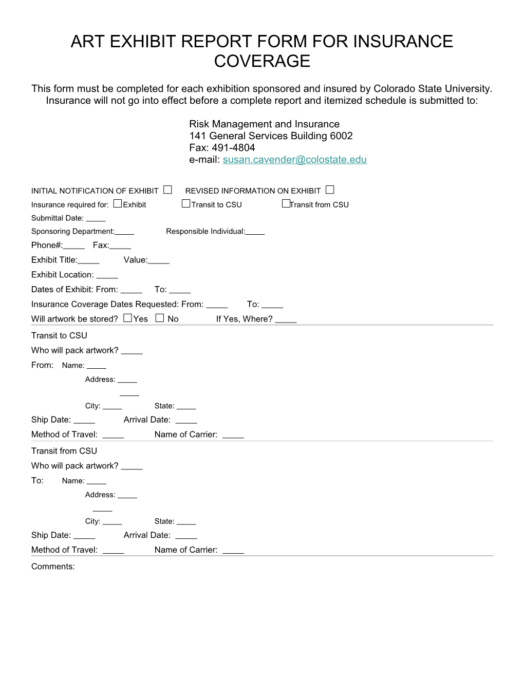 Art Exhibit Report Form for Insurance Coverage