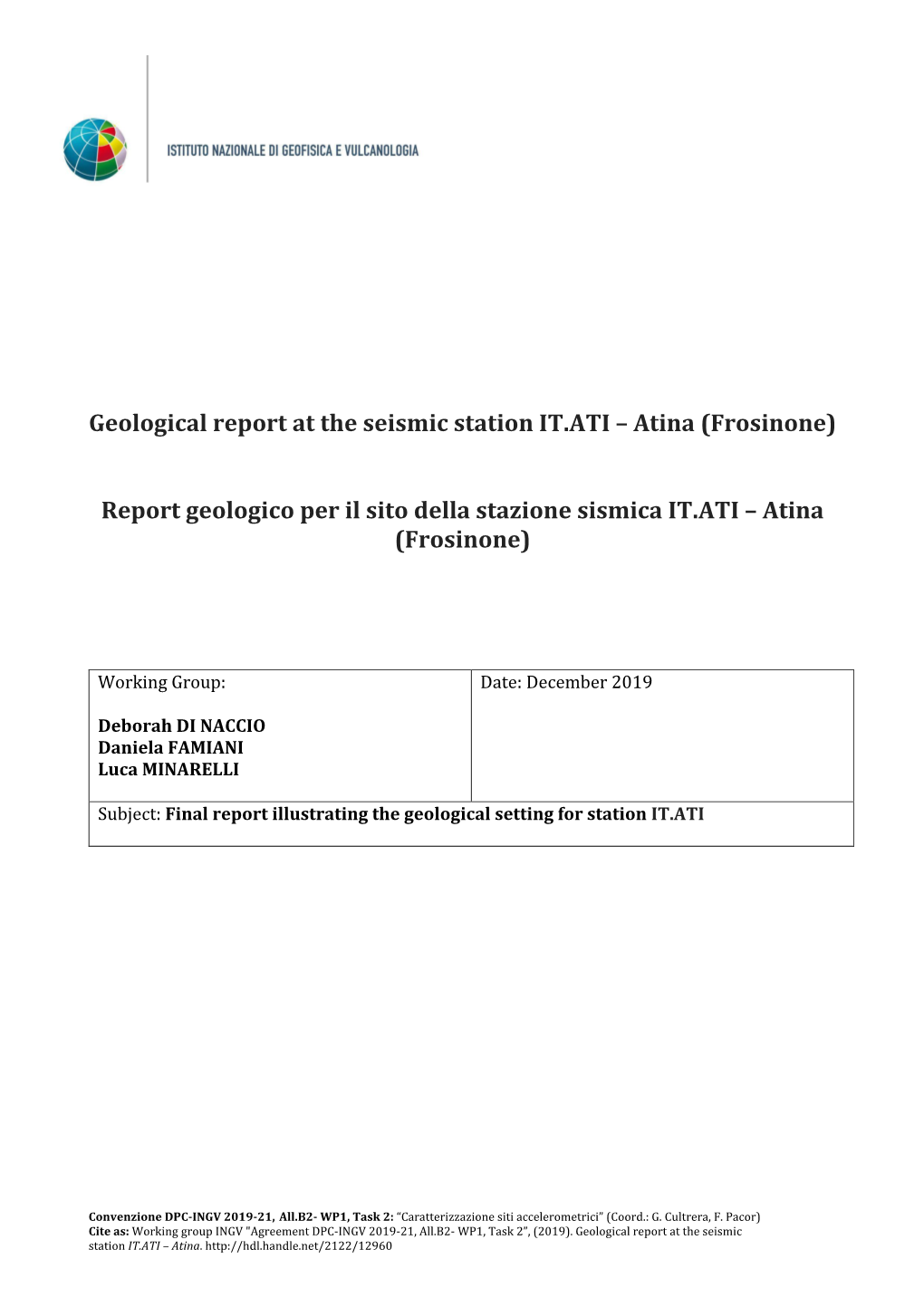Atina (Frosinone) Report Geologico Per Il Sito Della Stazione Sismica IT.ATI
