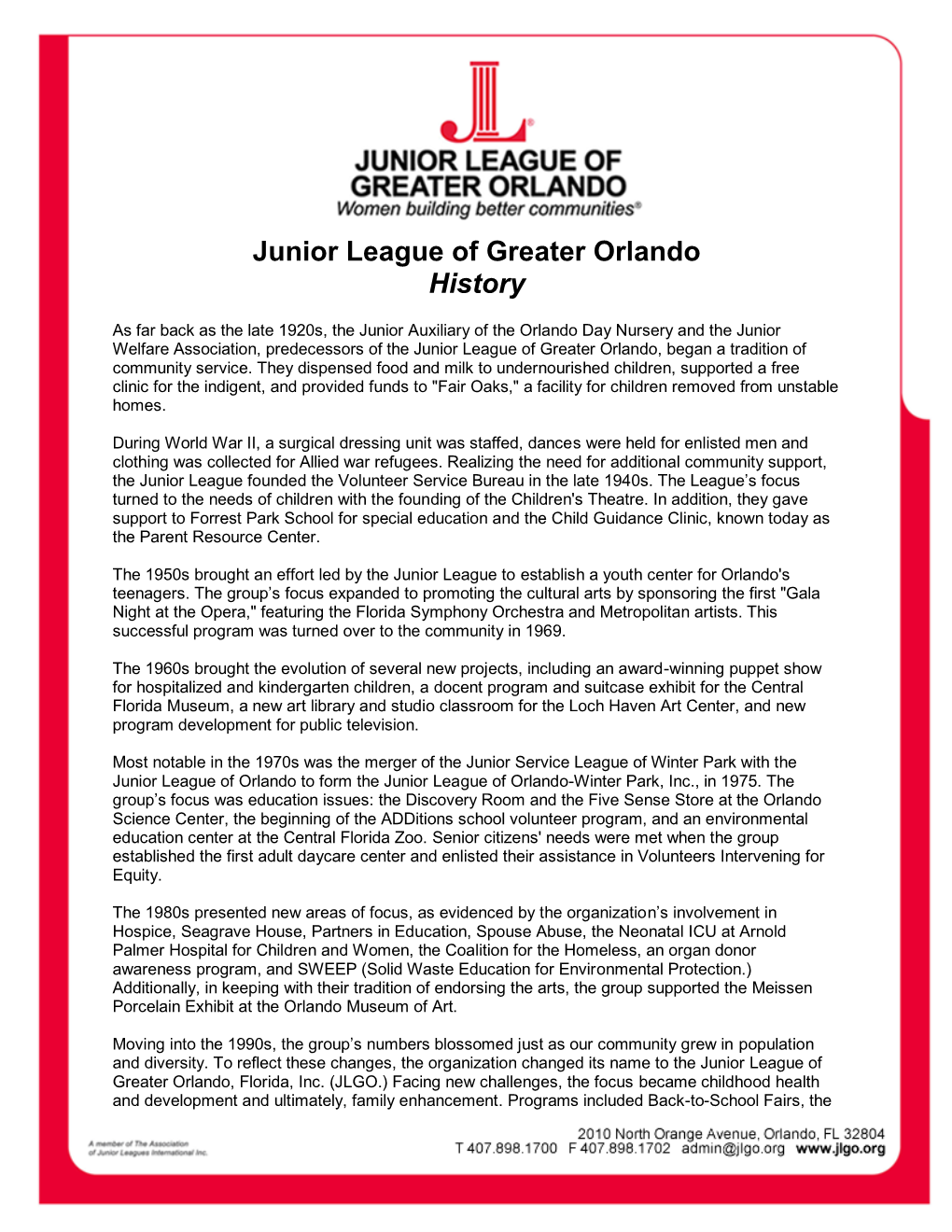 Junior League of Greater Orlando History