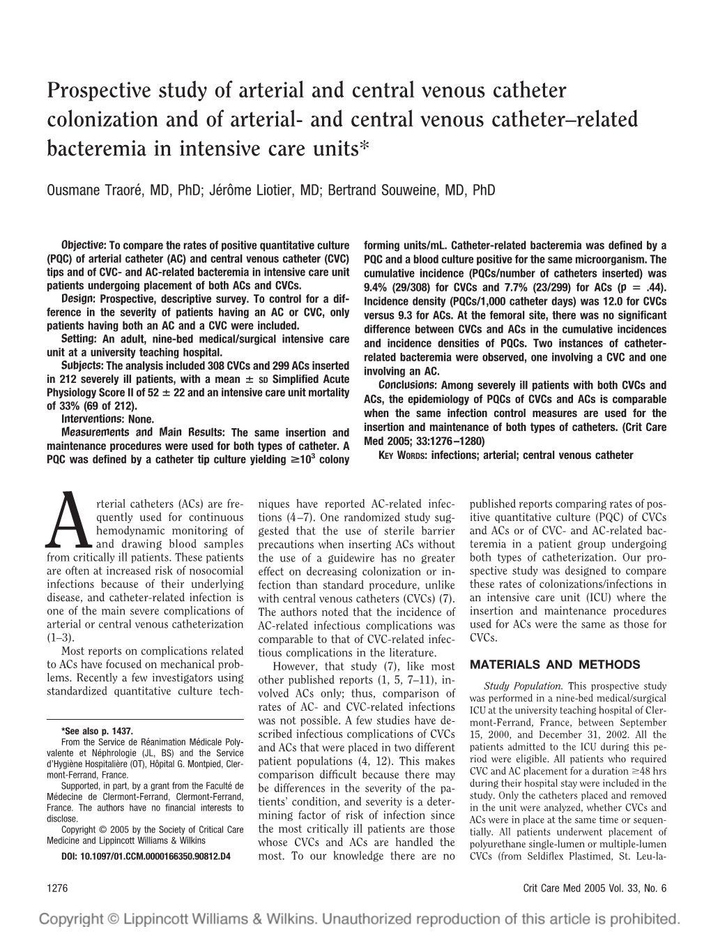 And Central Venous Catheter–Related Bacteremia in Intensive Care Units*